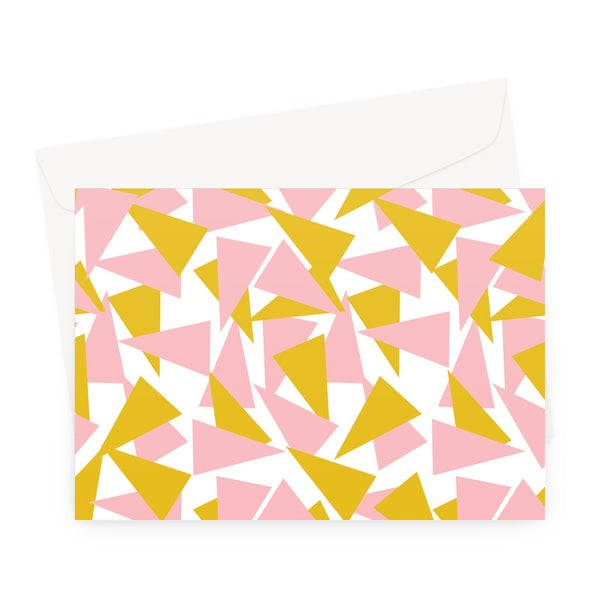 This Mid-Century Modern style greetings card consists of colorful, randomly positioned triangles in pink and orange on a white background.