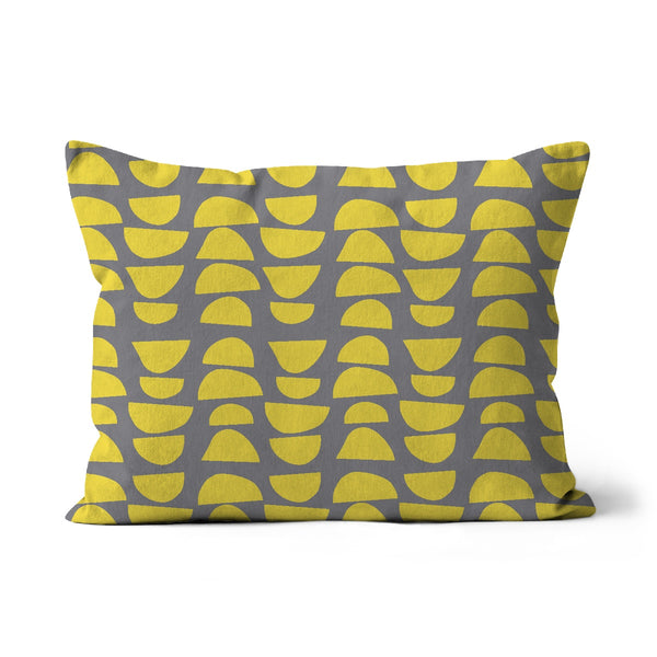 This classic patterned retro style design has stacked abstract shapes in a vibrant lemon yellow, alternating in reverse against a stunning grey background.