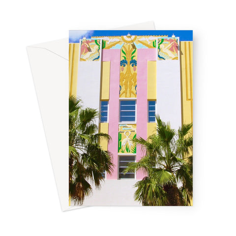 This greeting card shows a gorgeous pastel coloured building with white and pink columns and palms in front. Detailing includes human figures, exotic birds, cacti and rays of sunshine