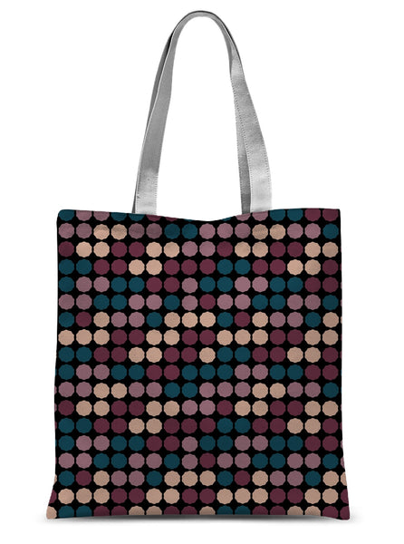 This Mid-Century Modern style tote design consists of colorful geometric circular-like shapes against a black background