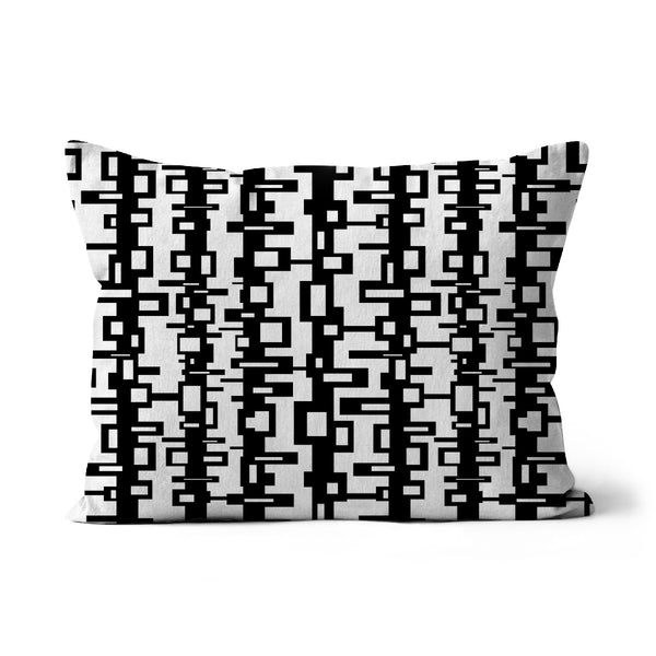 This Mid-Century Modern style couch pillow design consists of a black geometric pattern against a white background.