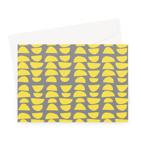 This patterned retro style design has stacked abstract shapes in a vibrant lemon yellow, alternating in reverse against a stunning grey background