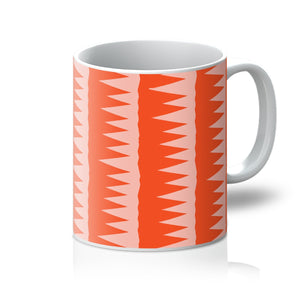 This Mid-Century Modern style design consists of colorful pink jagged columns of geometric triangular shapes stacked upon each other like columns against an orange red background