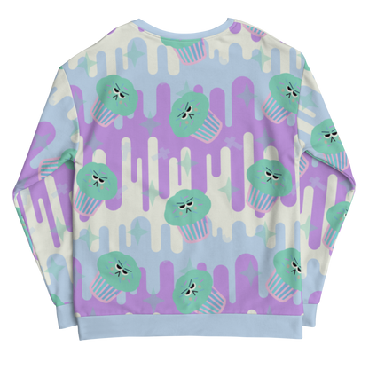 Fairy Kei sweater in Japanese Harajuku style with green frosted cupcakes against a drip background in pastel tones of blue, purple and cream and with translucent sprinkles of confetti on this unisex sweatshirt by BillingtonPix