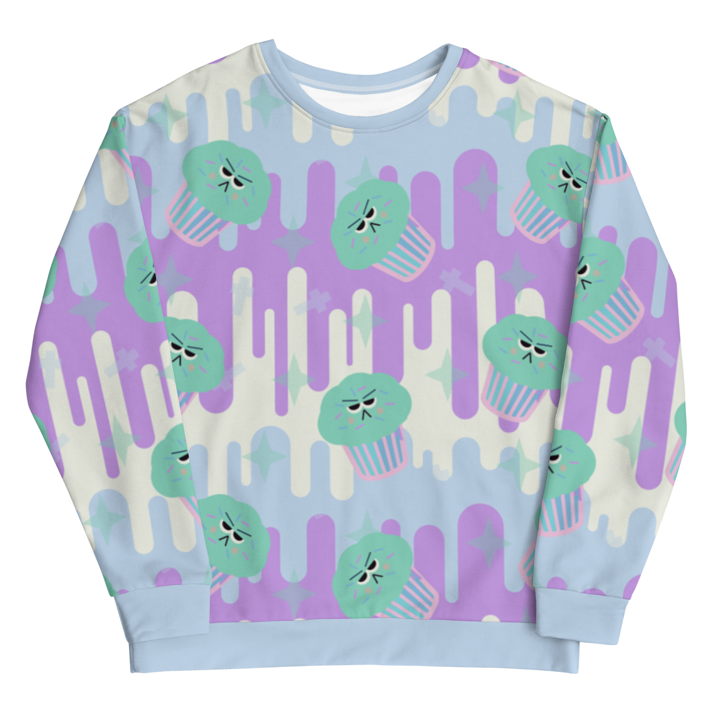 Fairy Kei sweater in Japanese Harajuku style with green frosted cupcakes against a drip background in pastel tones of blue, purple and cream and with translucent sprinkles of confetti on this unisex sweatshirt by BillingtonPix