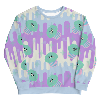 Fairy Kei sweater in Japanese Harajuku style with green frosted cupcakes against a drip background in pastel tones of blue, purple and cream and with translucent sprinkles of confetti on this unisex sweatshirt by BillingtonPix