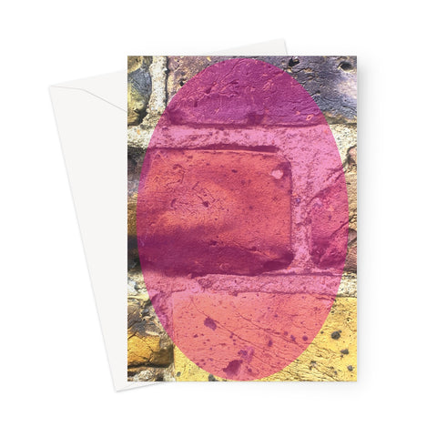This greeting card shows an abstract image of a transparent pink ellipse-shaped overlay in front of an old brick façade, entitled Seeking.