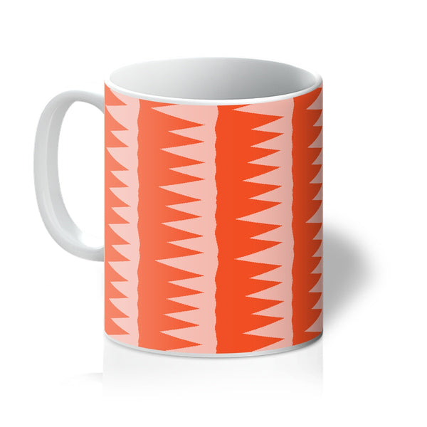 This Mid-Century Modern style design consists of colorful pink jagged columns of geometric triangular shapes stacked upon each other like columns against an orange red background