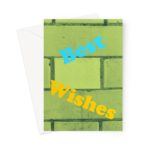 "Best Wishes" in blue and yellow with a background of light green washed tiles from a Southwark railway arch in this greeting card
