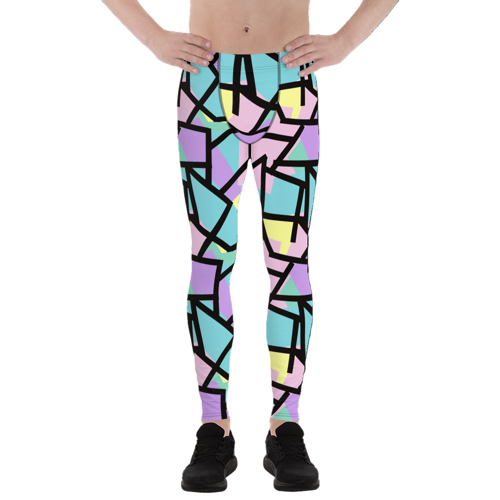 Harajuku Pastel Goth fashion leggings for men with tones of pink, blue, green, yellow and purple with a black geometric overlay on these festival meggings athleisure crazy gym leggings by BillingtonPix