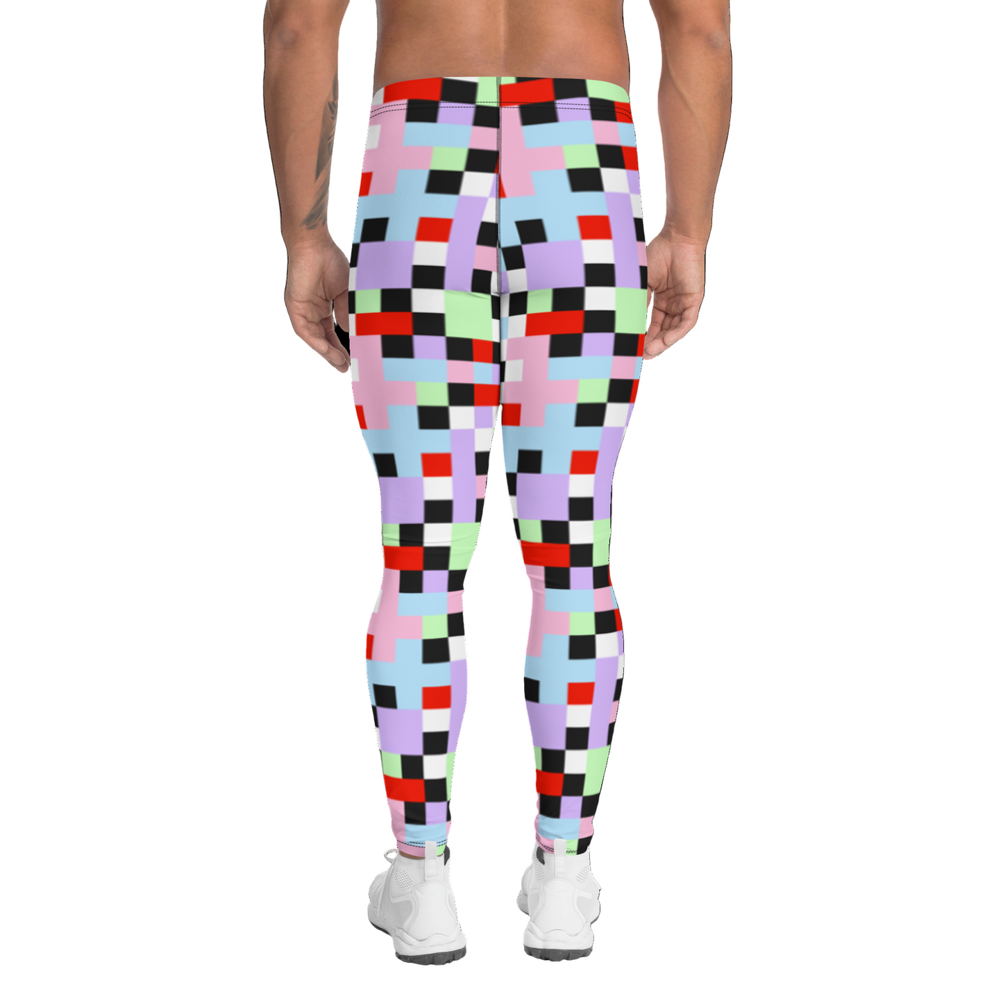 Gorgeous chequered pattern men's leggings in Pastel Goth color palette of purple, pink, blue, green, black and red. Great as rave meggings or festival pants, or equally as gym leggings for men or men's running tights. Design by BillingtonPix.