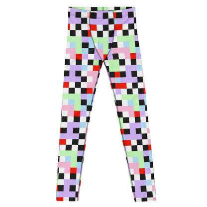 Gorgeous chequered pattern men's leggings in Pastel Goth color palette of purple, pink, blue, green, black and red. Great as rave meggings or festival pants, or equally as gym leggings for men or men's running tights. Design by BillingtonPix.