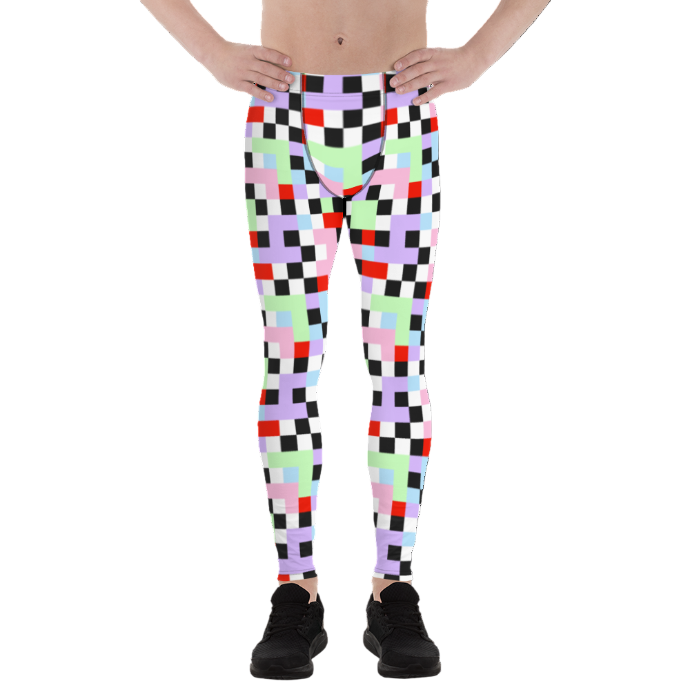 Gorgeous chequered pattern men's leggings in Pastel Goth color palette of purple, pink, blue, green, black and red. Great as rave meggings or festival pants, or equally as gym leggings for men or men's running tights. Design by BillingtonPix.