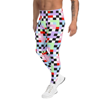 Gorgeous chequered pattern men's leggings in Pastel Goth color palette of purple, pink, blue, green, black and red. Great as rave meggings or festival pants, or equally as gym leggings for men or men's running tights. Design by BillingtonPix.
