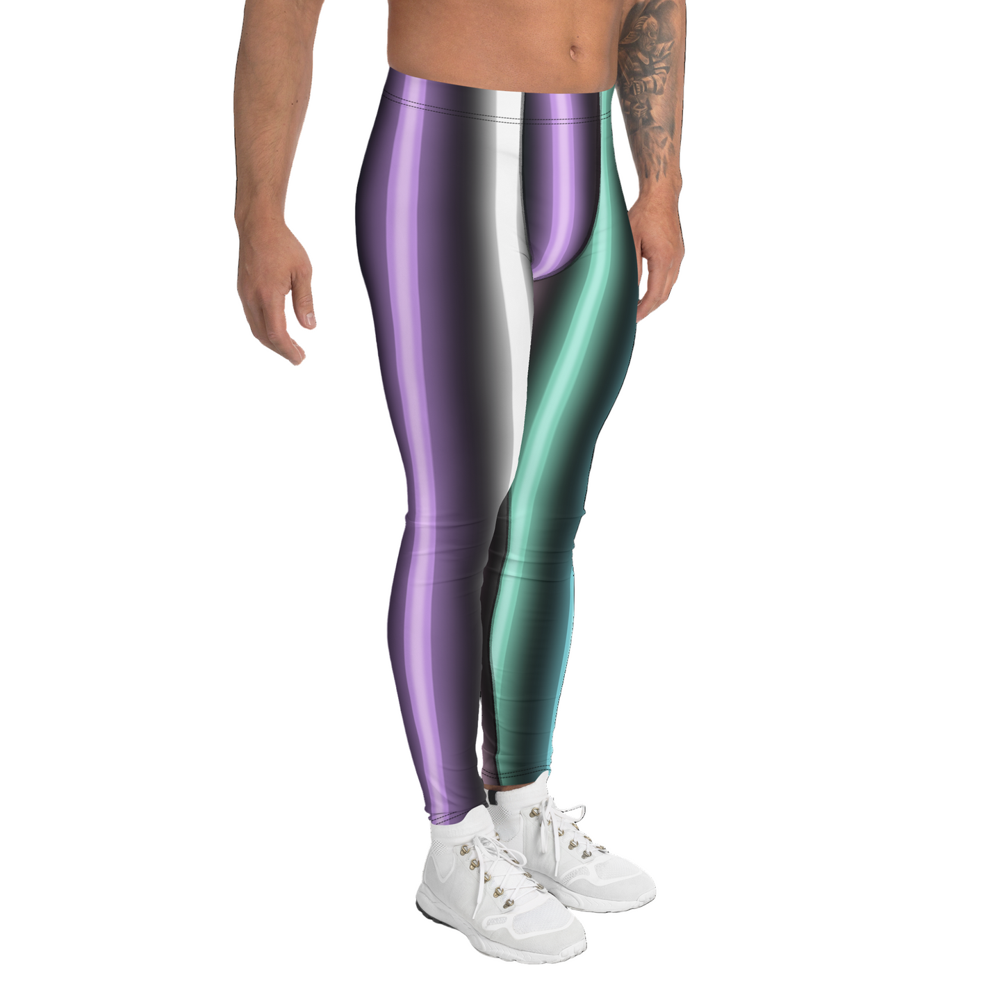 Neon Harajuku stripes on these fashion meggings or gym leggings by BillingtonPix with tones of pink, purple, green, blue and cream in colourful vertical stripes as unique festival meggings or gym leggings.