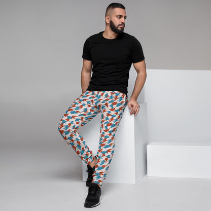 Person wearing colorful patterned jogging pants looking right