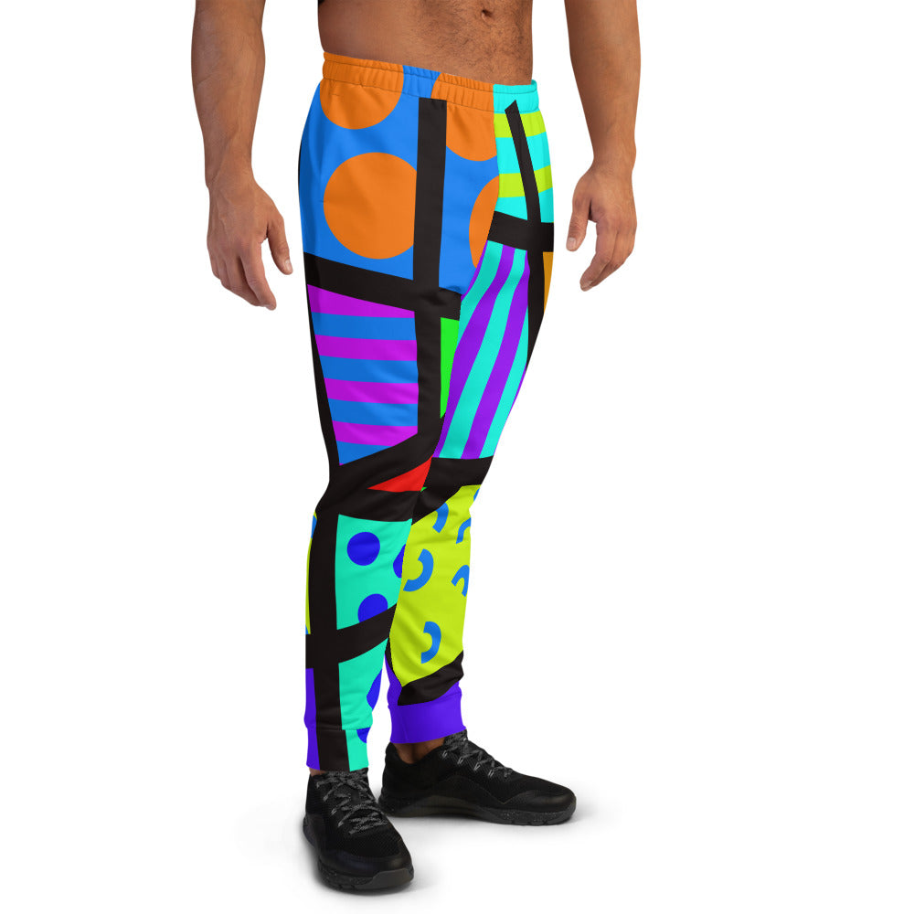 Vibrant 80s Memphis retro style men's joggers in geometric patterns and a black geometric overlay by BillingtonPix
