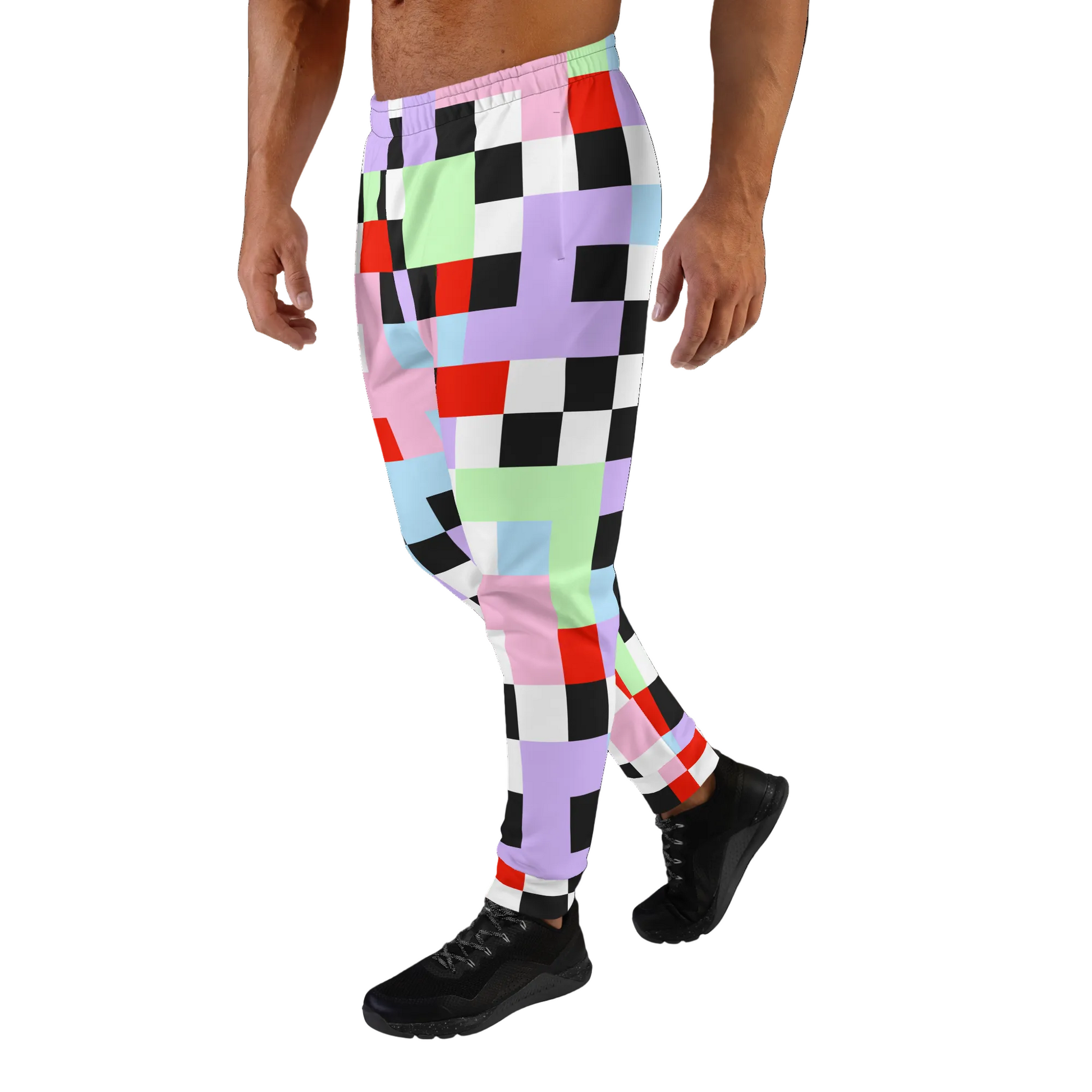 Pastel goth Harajuku themed men's joggers in chequered pattern of purple, green, pink, blue, red, black and white on these tracksuite bottoms by BillingtonPix