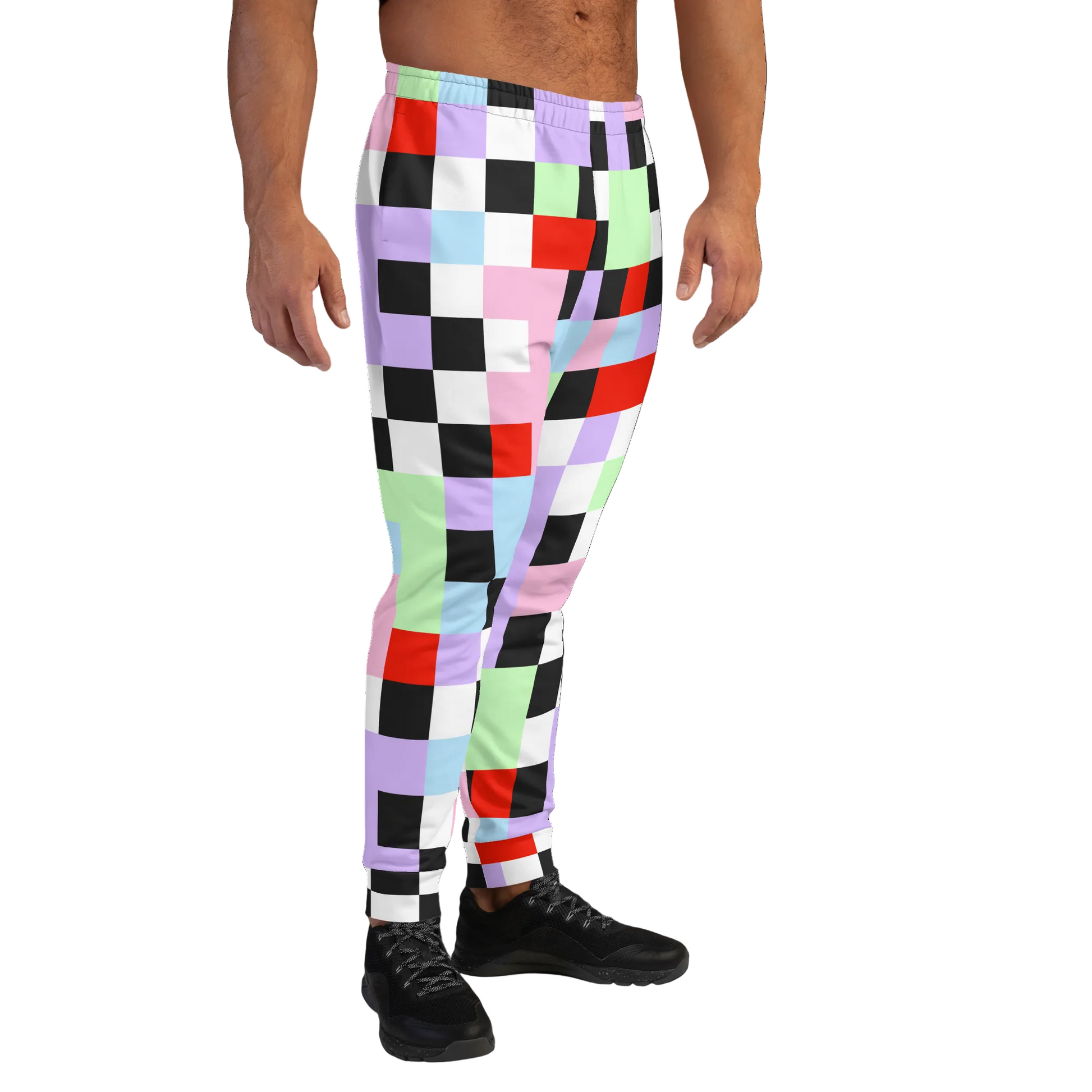 Pastel goth Harajuku themed men's joggers in chequered pattern of purple, green, pink, blue, red, black and white on these tracksuite bottoms by BillingtonPix