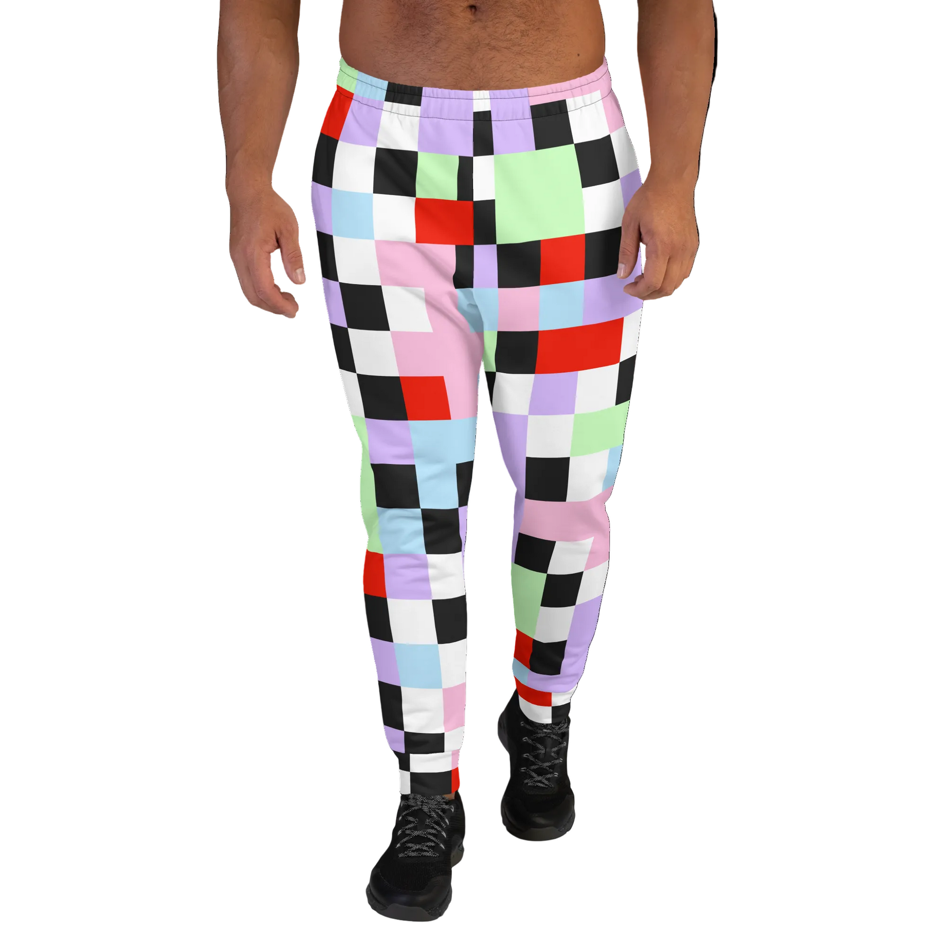 Pastel goth Harajuku themed men's joggers in chequered pattern of purple, green, pink, blue, red, black and white on these tracksuite bottoms by BillingtonPix