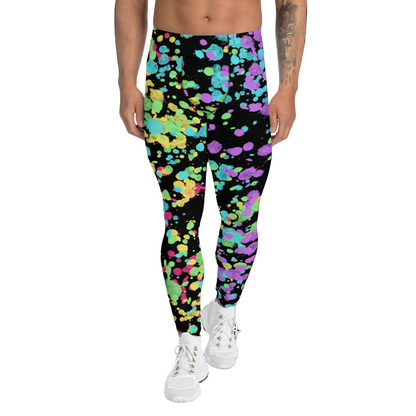 LGBT Gay Pride rainbow flag colourful festival meggings with splatters of yellow, red, green, blue and purple against a black background. Perfect for marches, park events, festivals, clubbing and disco dancing. Dress to impress at the gym or when worn as running tights for men.
