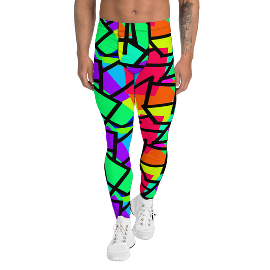 Vibrant colourful men's leggings in a kitsch Harajuku and 80s retro Memphis style with diagonal shapes in blue, red, orange, purple, turquoise, green and yellow and a black diagonal overlay on these meggings or mens running tights by BillingtonPix
