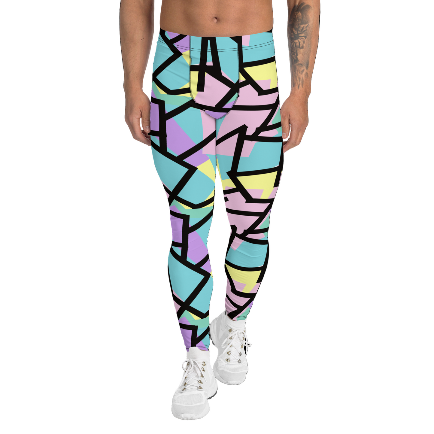 Harajuku Pastel Goth fashion leggings for men with tones of pink, blue, green, yellow and purple with a black geometric overlay on these festival meggings athleisure crazy gym leggings by BillingtonPix