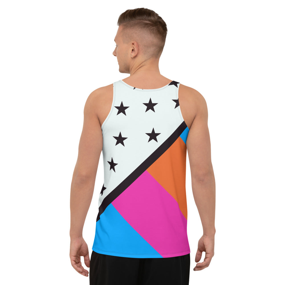 Man wearing a colorful tank top with geometric American style design against a white background