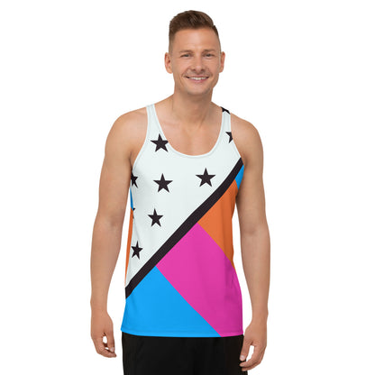 Man wearing a colorful tank top with geometric American style design against a white background