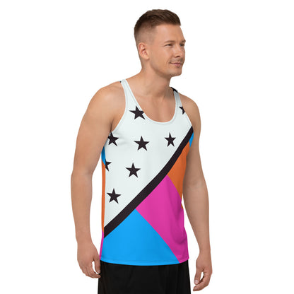 Man wearing a colorful tank top with geometric American style design against a white background