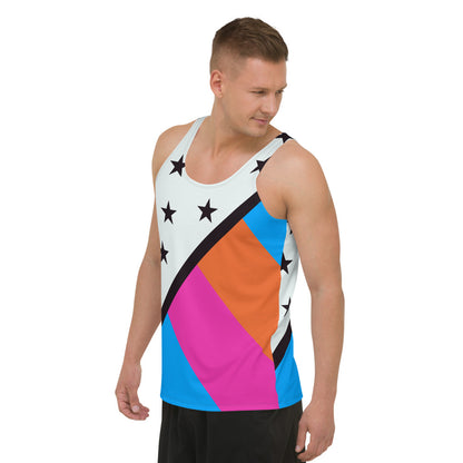 Man wearing a colorful tank top with geometric American style design against a white background