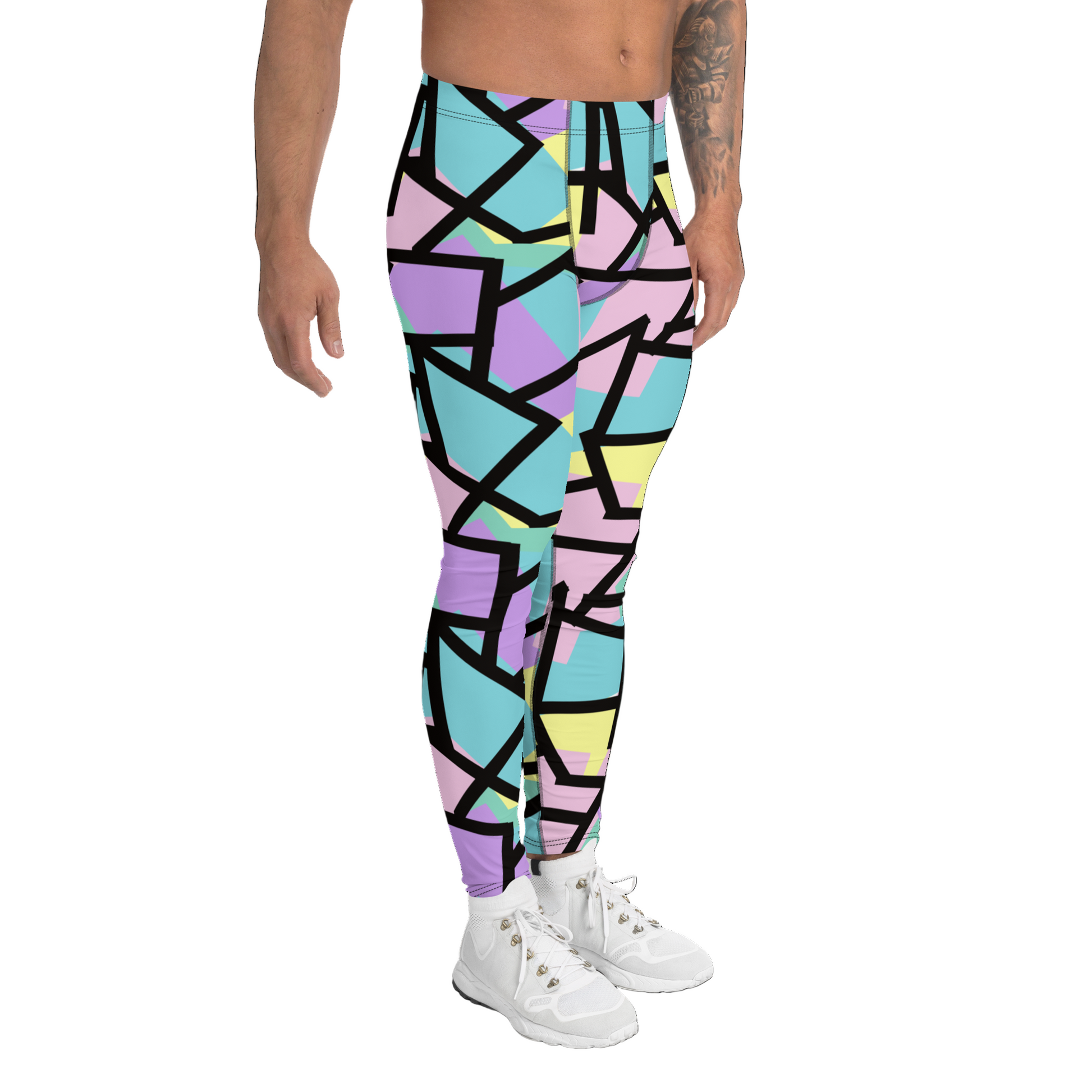 Harajuku Pastel Goth fashion leggings for men with tones of pink, blue, green, yellow and purple with a black geometric overlay on these festival meggings athleisure crazy gym leggings by BillingtonPix