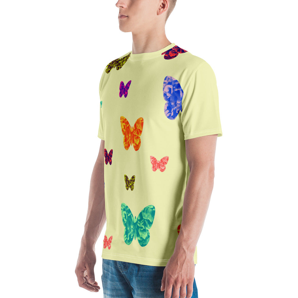 Mens light yellow t-shirt with colorful butterflies