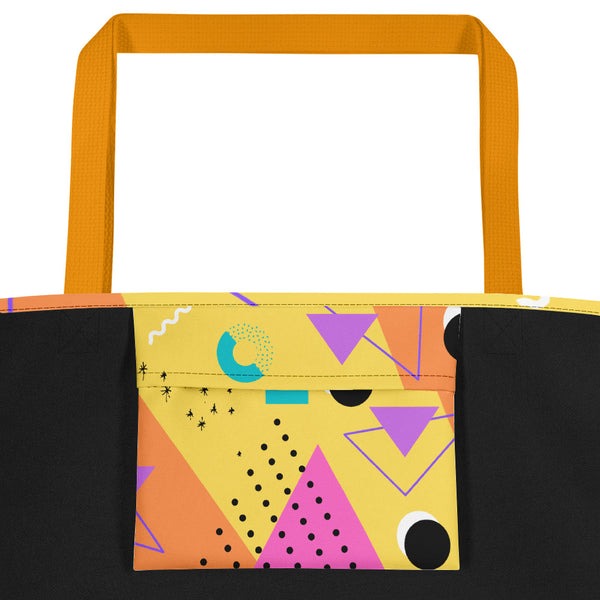 Yellow Bauhaus Retro Abstract Memphis Style beach tote bag with yellow handle