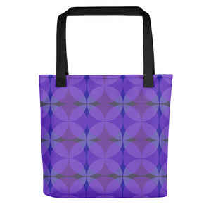 purple 50s style Mid-Century Modern Circles Magenta pattern tote bag with black handle