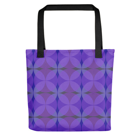 purple 50s style Mid-Century Modern Circles Magenta pattern tote bag with black handle