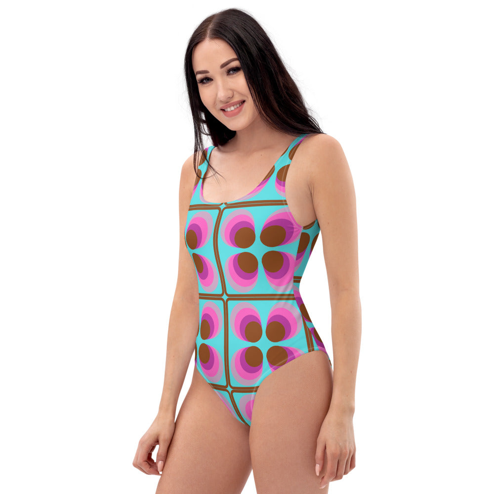 One-Piece Swimsuit - Seventies Blue and Pink abstract desisgn