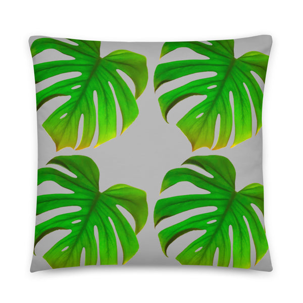 monstera or swiss cheese plant cushion or pillow with grey background