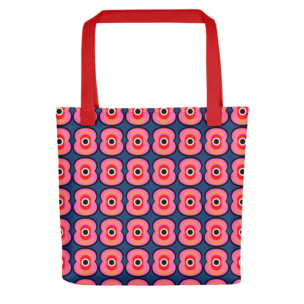 70s retro style abstract seventies style design Pink Retro Poppies tote bag with red handle