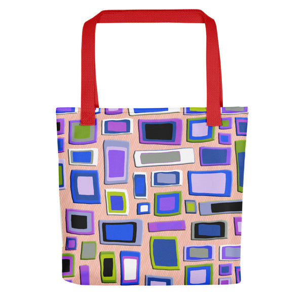 Tote bag | Purple Geometric Mid Century Style with red handle