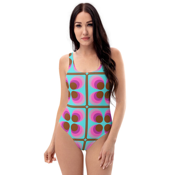One-Piece Swimsuit - Seventies Blue and Pink abstract desisgn