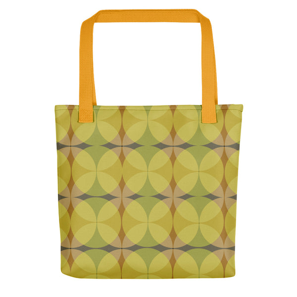 yellow 50s style Mid-Century Modern Circles Mustard pattern tote bag with yellow handle