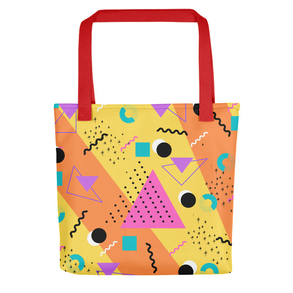 Orange Retro Abstract Memphis 80s Style tote bag with red handle