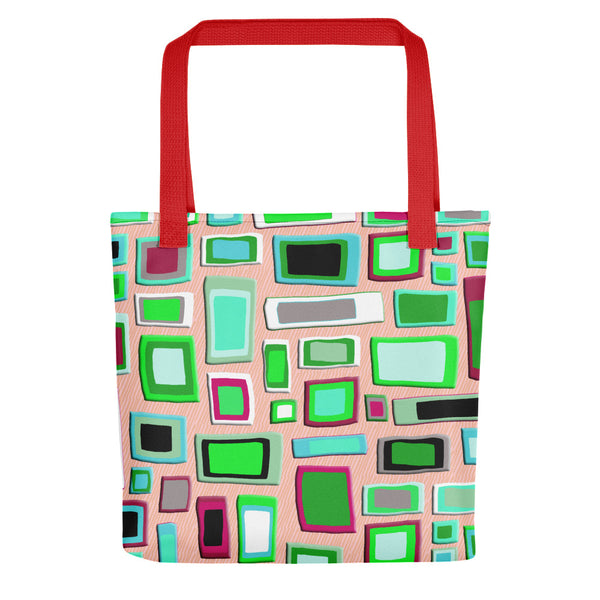 Tote bag | Green Geometric Mid Century Style with red handle