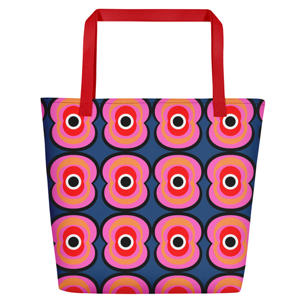 Pink and blue  retro style abstract design beach tote bag with red handle