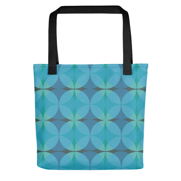 blue 50s style Mid-Century Modern Circles Indigo tote bag with black handle
