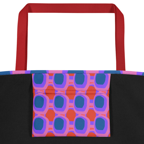 Retro abstract design Pink Blue Orange Retro Abstract beach tote bag with red handle - inside pocket view