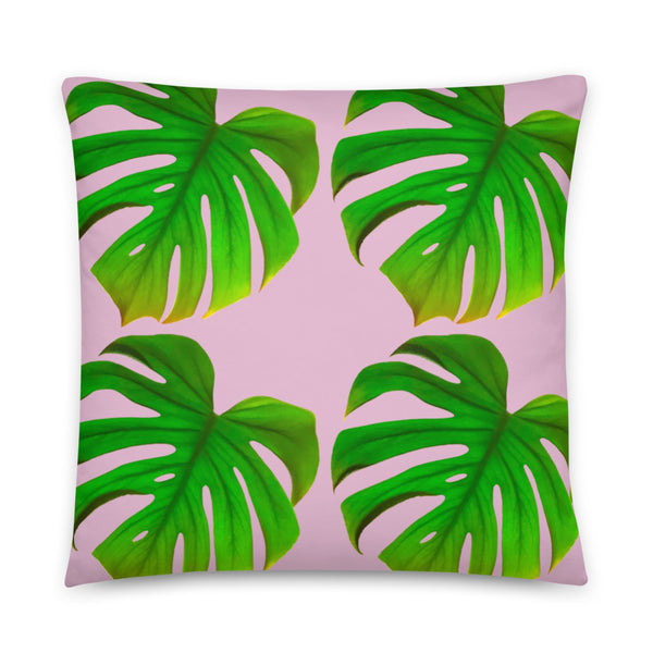 monstera or swiss cheese plant cushion or pillow with pink background