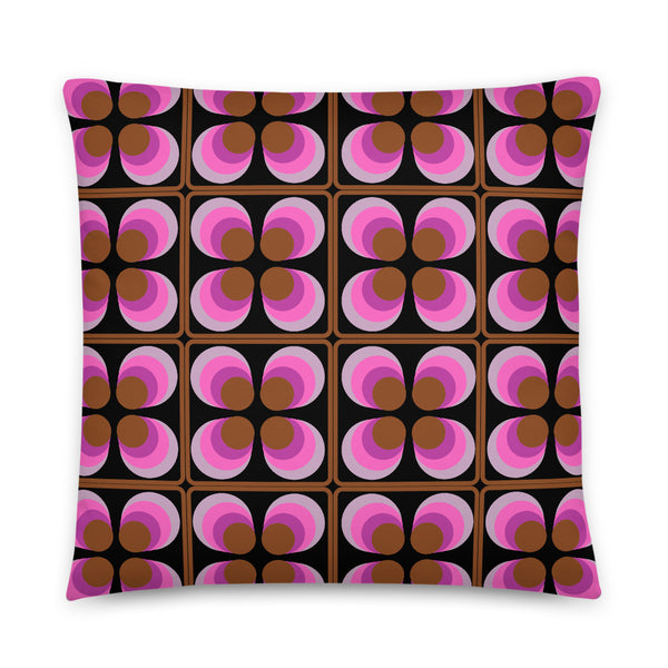 Pink and Brown Retro Seventies Tiles Pattern with Black Background sofa cushion throw pillow