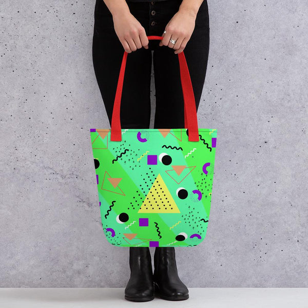 Neon Green Retro Abstract Memphis 80s Style tote bag with red handle